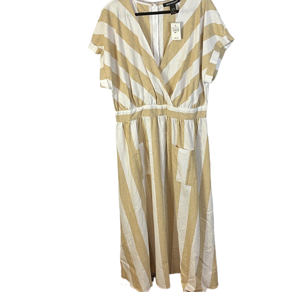 Ashley Stewart Maxi Linen Dress White and Tan Striped Front Pockets V-neck Size